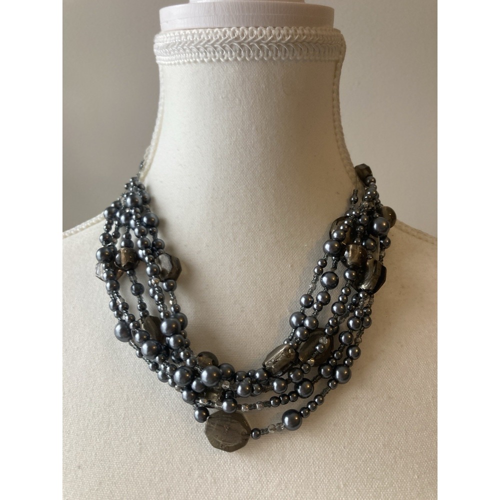 Smoky Gray Multi Strand Necklace Faux Pearl Smoky Faceted Bead Statement Layered